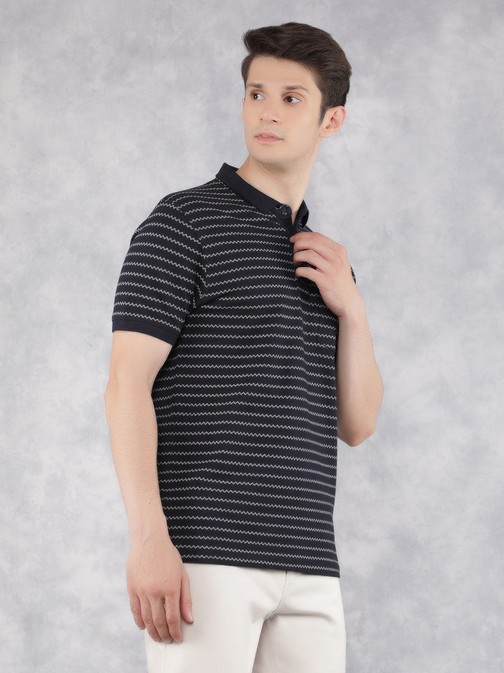 Navy Blue Horizontal Striped Polo T-Shirt-Men T-Shirts-Crimsoune Club