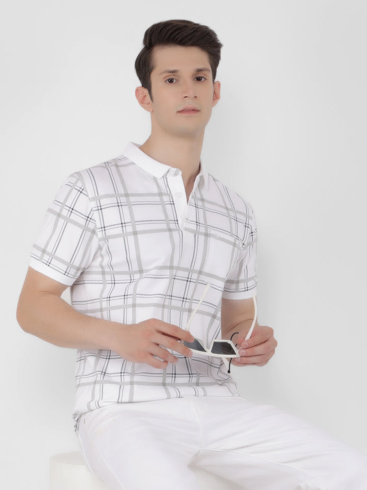 White Checked Check Polo T-Shirt-Men T-Shirts-Crimsoune Club