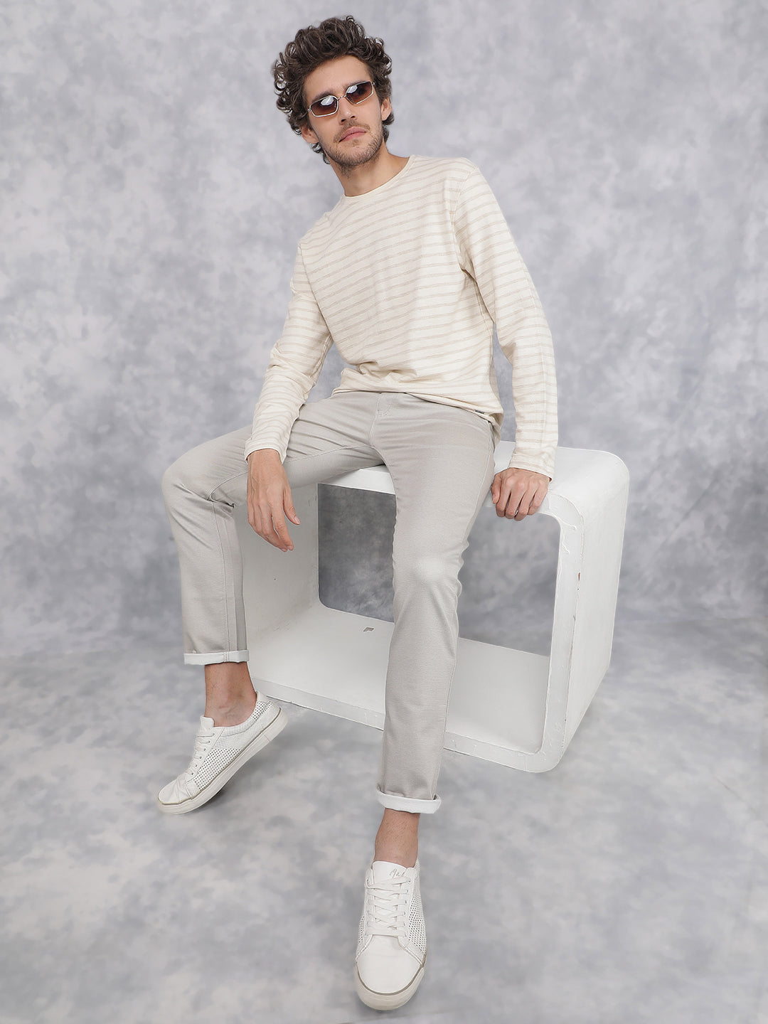 Beige Horizontal Stripes Long Sleeves T-Shirt-Men T-Shirts-Crimsoune Club