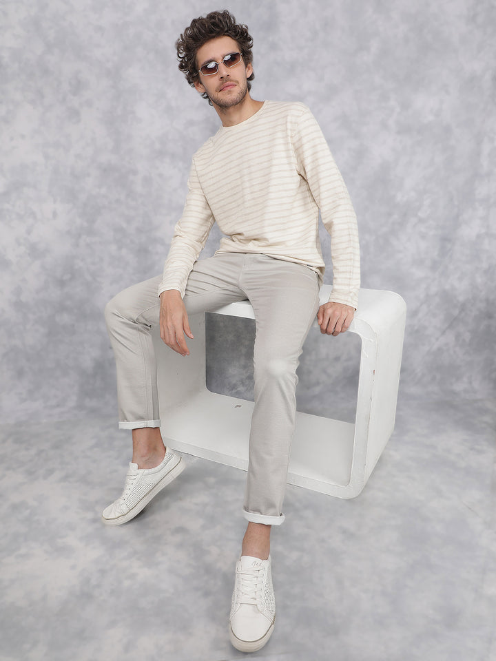 Beige Horizontal Stripes Long Sleeves T-Shirt-Men T-Shirts-Crimsoune Club