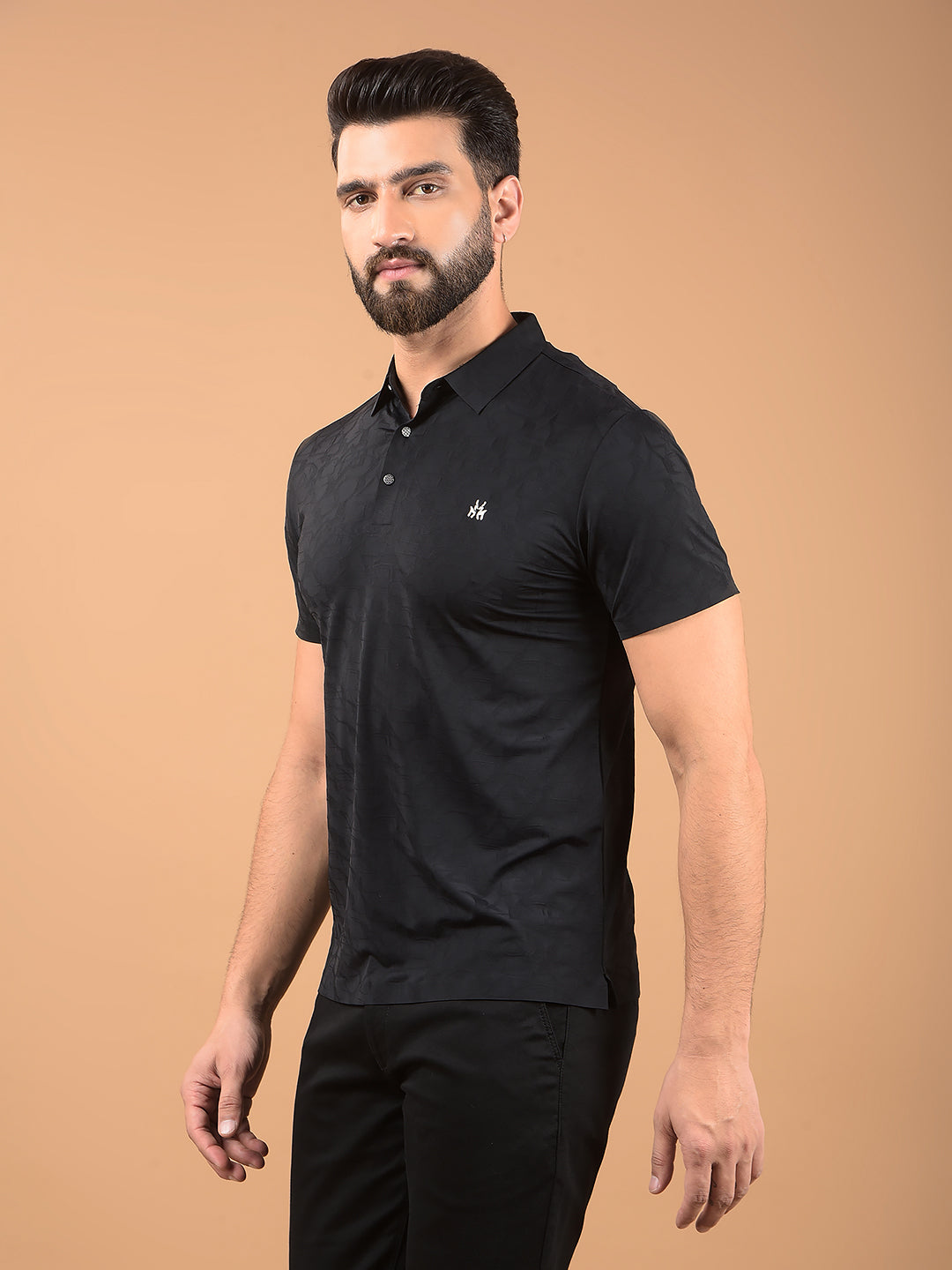 Black Printed Polo Neck T-Shirt-Men T-Shirts-Crimsoune Club