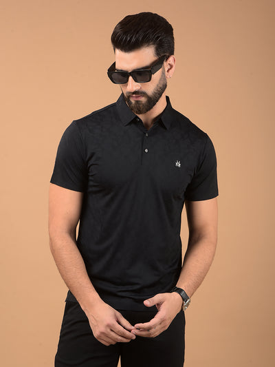 Black Printed Polo Neck T-Shirt-Men T-Shirts-Crimsoune Club