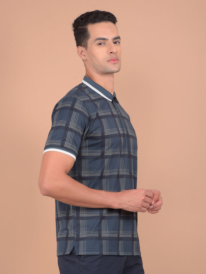 Navy Blue Printed Polo Neck T-Shirt-Men T-Shirts-Crimsoune Club
