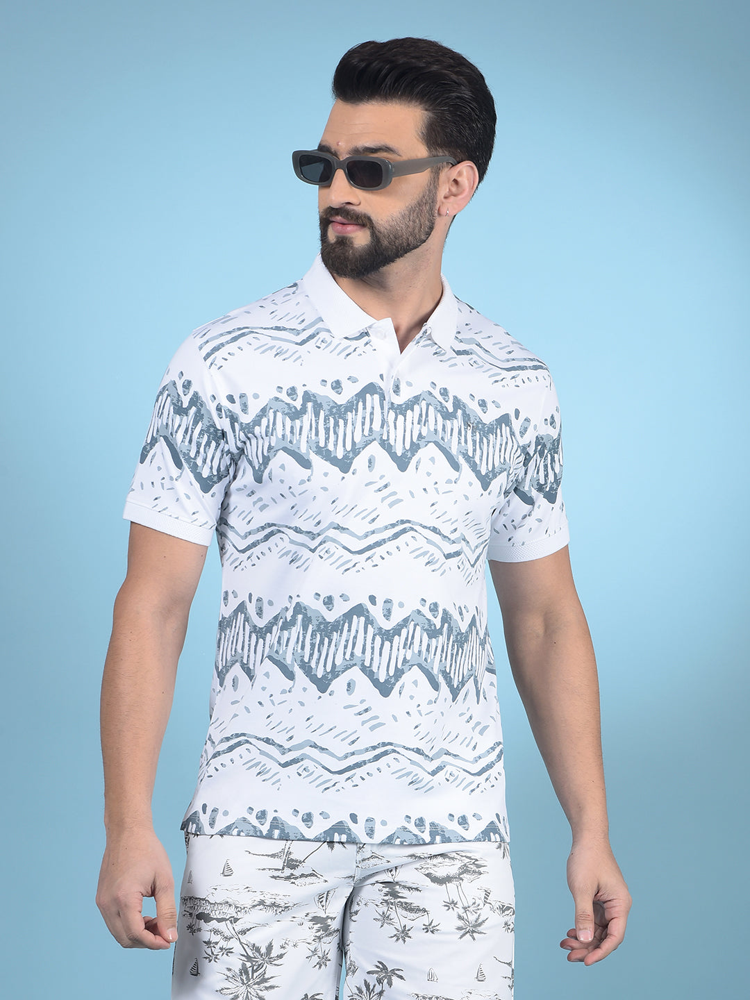 Blue Printed Polo-Neck 100% Cotton T-Shirt-Men T-Shirts-Crimsoune Club