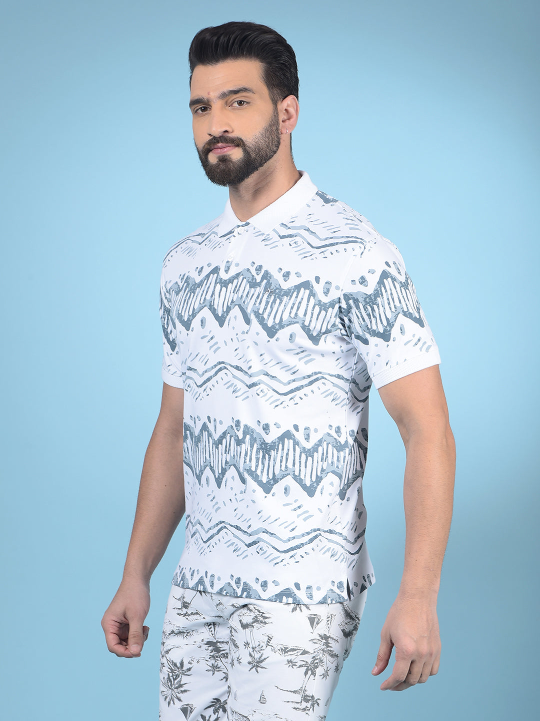 Blue Printed Polo-Neck 100% Cotton T-Shirt-Men T-Shirts-Crimsoune Club
