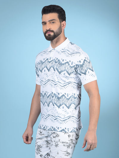 Blue Printed Polo-Neck 100% Cotton T-Shirt-Men T-Shirts-Crimsoune Club
