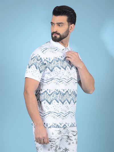 Blue Printed Polo-Neck 100% Cotton T-Shirt-Men T-Shirts-Crimsoune Club