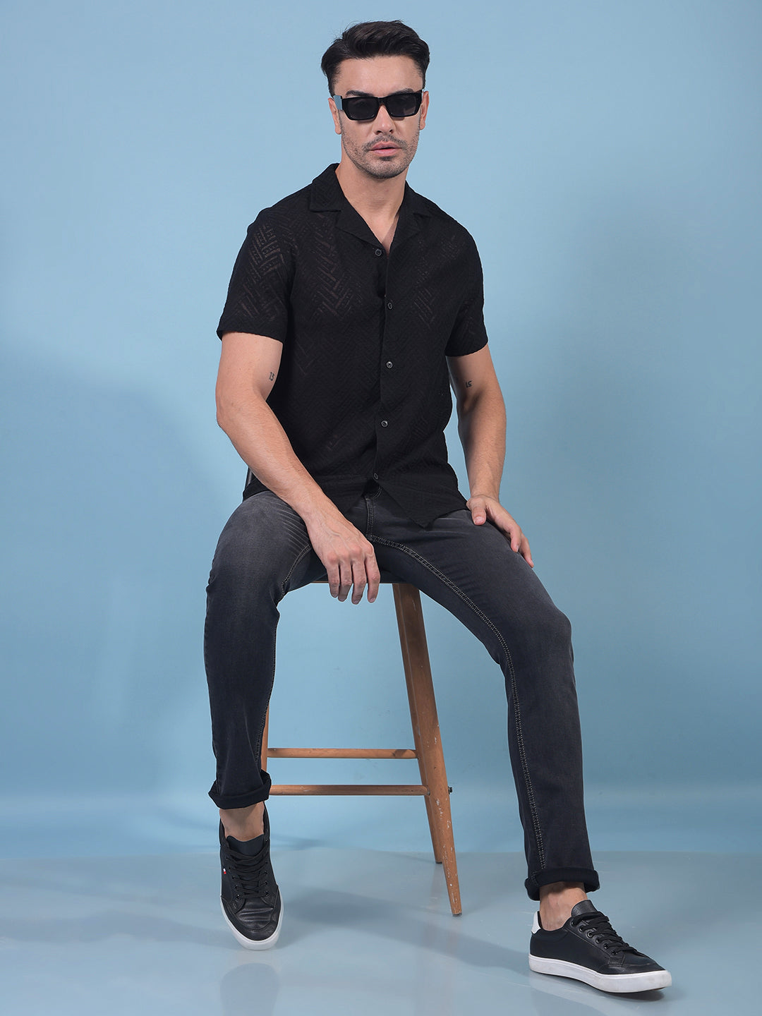 Black Jacquard Resort Collar Knitted Shirt-Men Shirts-Crimsoune Club
