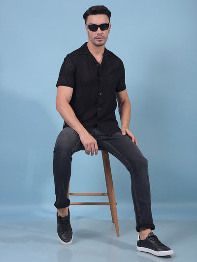 Black Jacquard Resort Collar Knitted Shirt-Men Shirts-Crimsoune Club