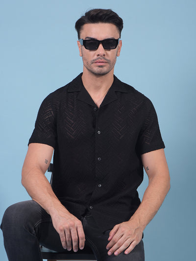 Black Jacquard Resort Collar Knitted Shirt-Men Shirts-Crimsoune Club
