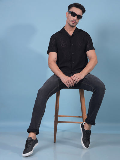 Black Jacquard Resort Collar Knitted Shirt-Men Shirts-Crimsoune Club