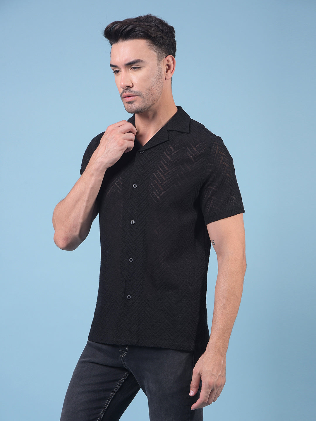 Black Jacquard Resort Collar Knitted Shirt-Men Shirts-Crimsoune Club