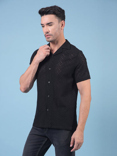 Black Jacquard Resort Collar Knitted Shirt-Men Shirts-Crimsoune Club