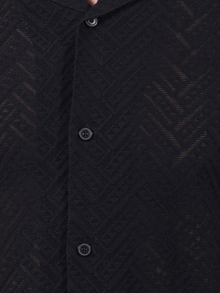 Black Jacquard Resort Collar Knitted Shirt-Men Shirts-Crimsoune Club