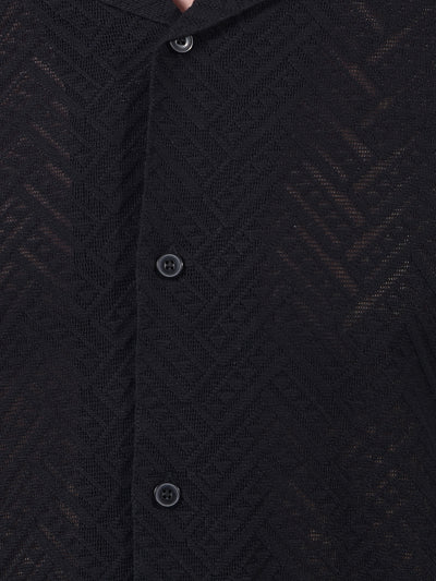 Black Jacquard Resort Collar Knitted Shirt-Men Shirts-Crimsoune Club