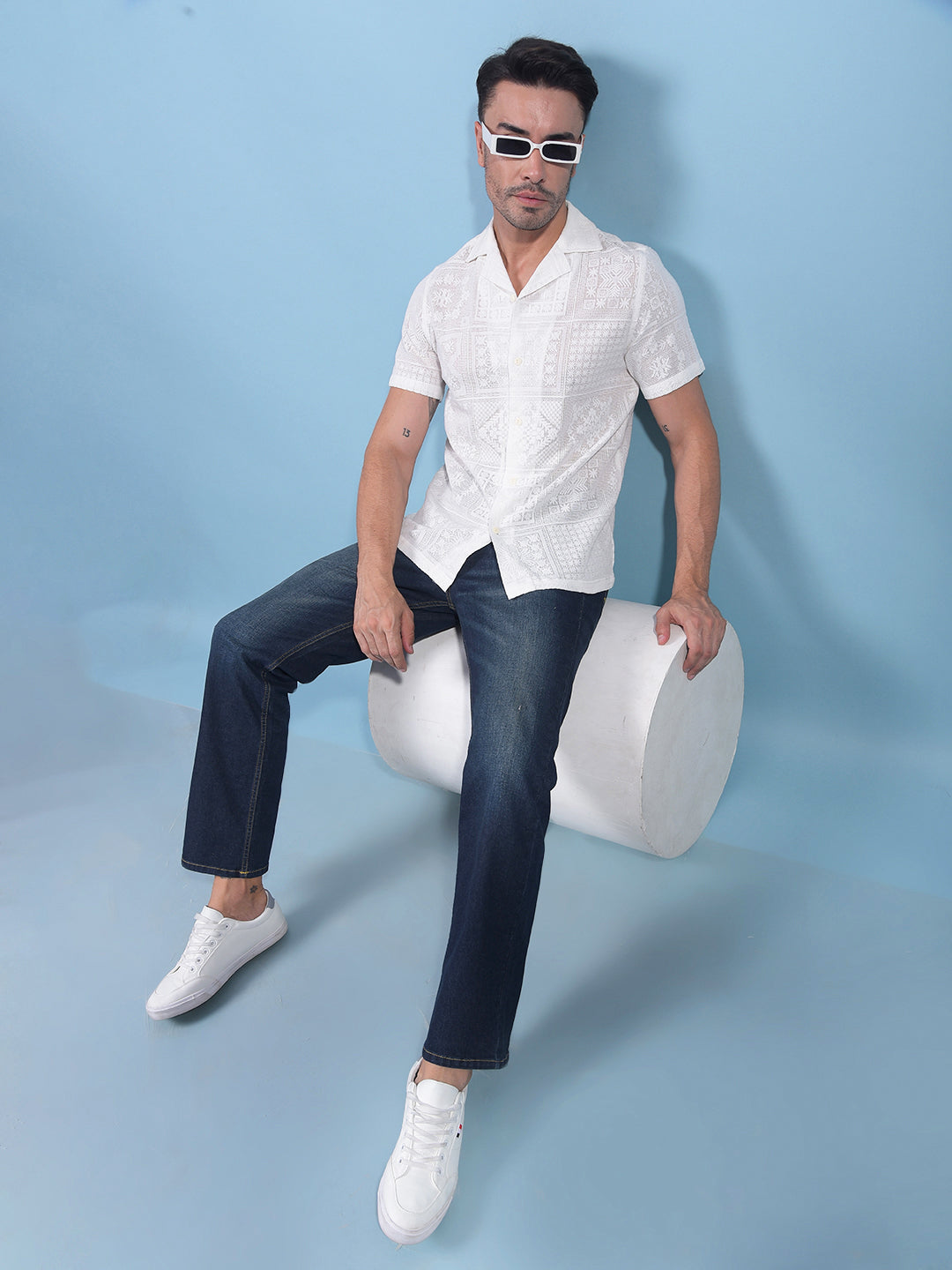 White Jacquard Resort Collar Knitted Shirt-Men Shirts-Crimsoune Club