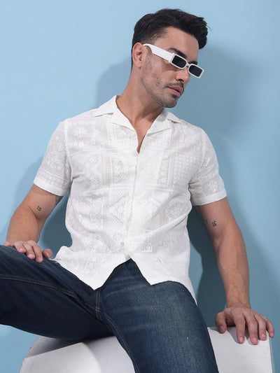 White Jacquard Resort Collar Knitted Shirt-Men Shirts-Crimsoune Club