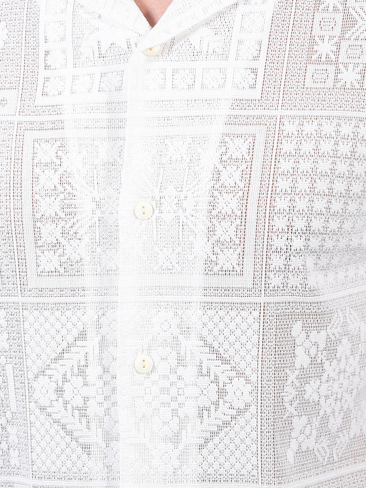 White Jacquard Resort Collar Knitted Shirt-Men Shirts-Crimsoune Club