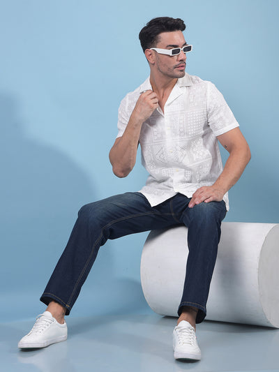 White Jacquard Resort Collar Knitted Shirt-Men Shirts-Crimsoune Club