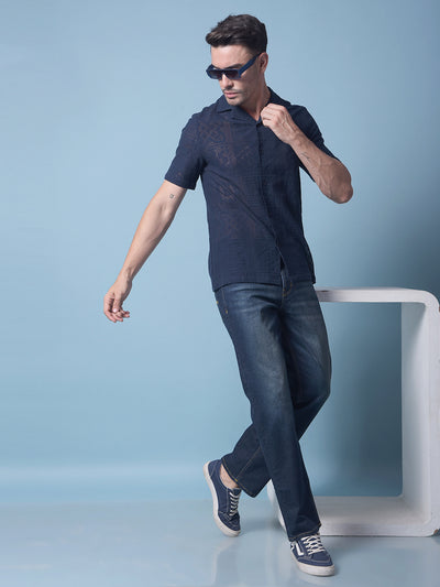 Navy Blue Jacquard Resort Collar Knitted Shirt-Men Shirts-Crimsoune Club