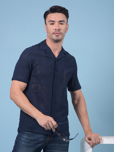 Navy Blue Jacquard Resort Collar Knitted Shirt-Men Shirts-Crimsoune Club