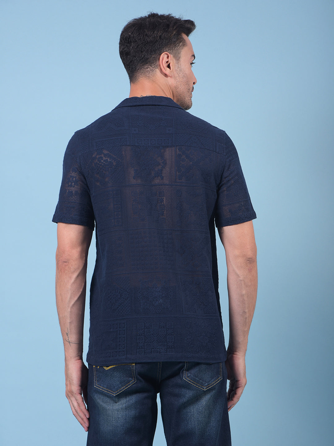 Navy Blue Jacquard Resort Collar Knitted Shirt-Men Shirts-Crimsoune Club