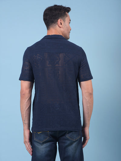Navy Blue Jacquard Resort Collar Knitted Shirt-Men Shirts-Crimsoune Club