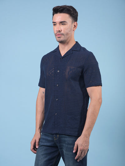 Navy Blue Jacquard Resort Collar Knitted Shirt-Men Shirts-Crimsoune Club