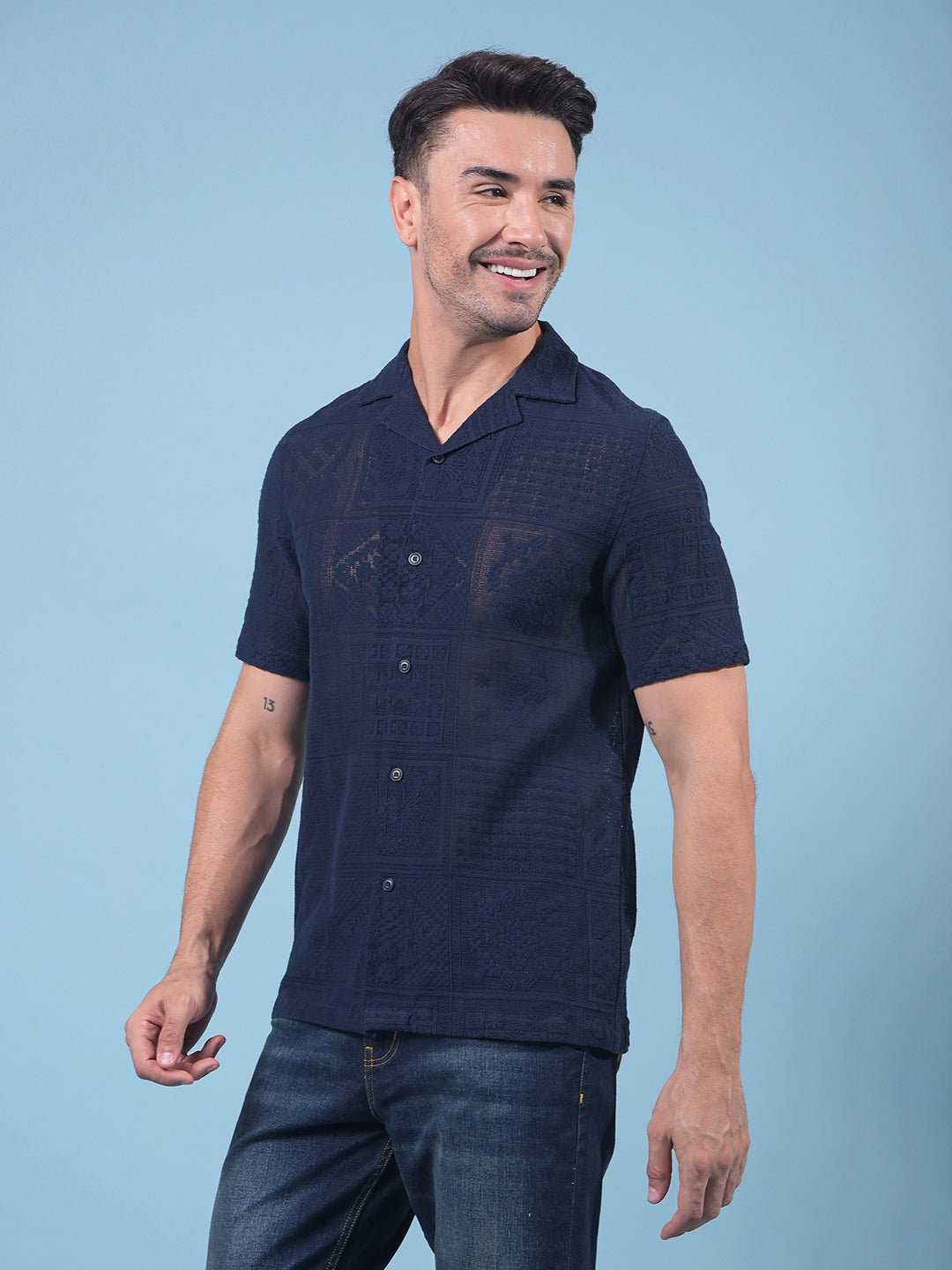 Navy Blue Jacquard Resort Collar Knitted Shirt-Men Shirts-Crimsoune Club