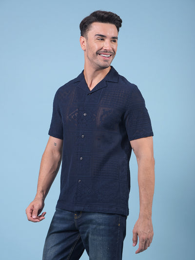 Navy Blue Jacquard Resort Collar Knitted Shirt-Men Shirts-Crimsoune Club