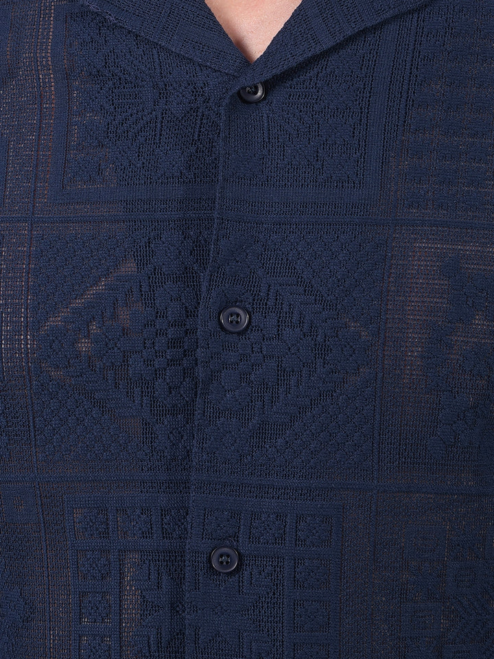 Navy Blue Jacquard Resort Collar Knitted Shirt-Men Shirts-Crimsoune Club
