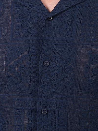 Navy Blue Jacquard Resort Collar Knitted Shirt-Men Shirts-Crimsoune Club