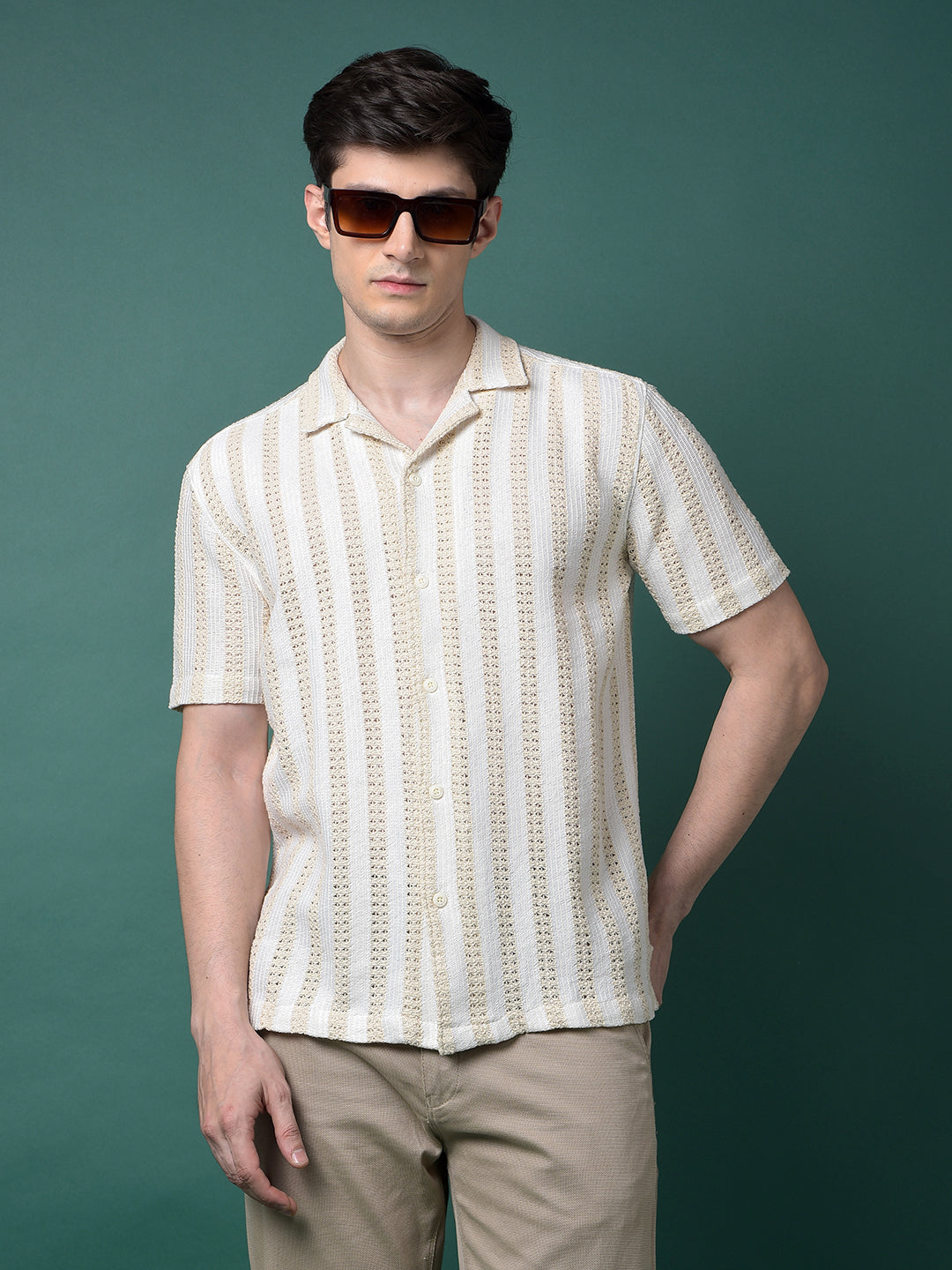 Beige Jacquard Resort Collar Shirt-Men Shirts-Crimsoune Club