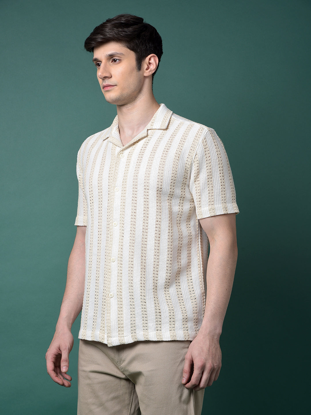 Beige Jacquard Resort Collar Shirt-Men Shirts-Crimsoune Club