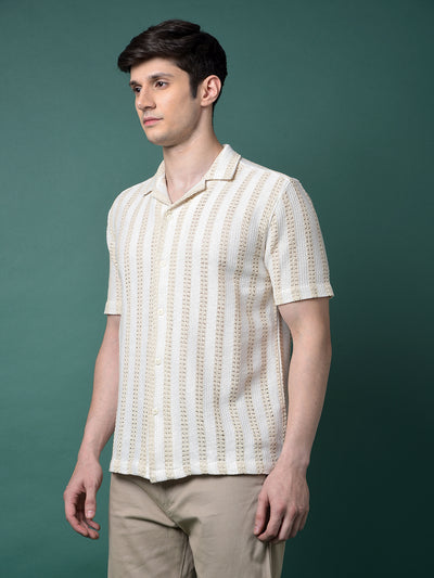Beige Jacquard Resort Collar Shirt-Men Shirts-Crimsoune Club