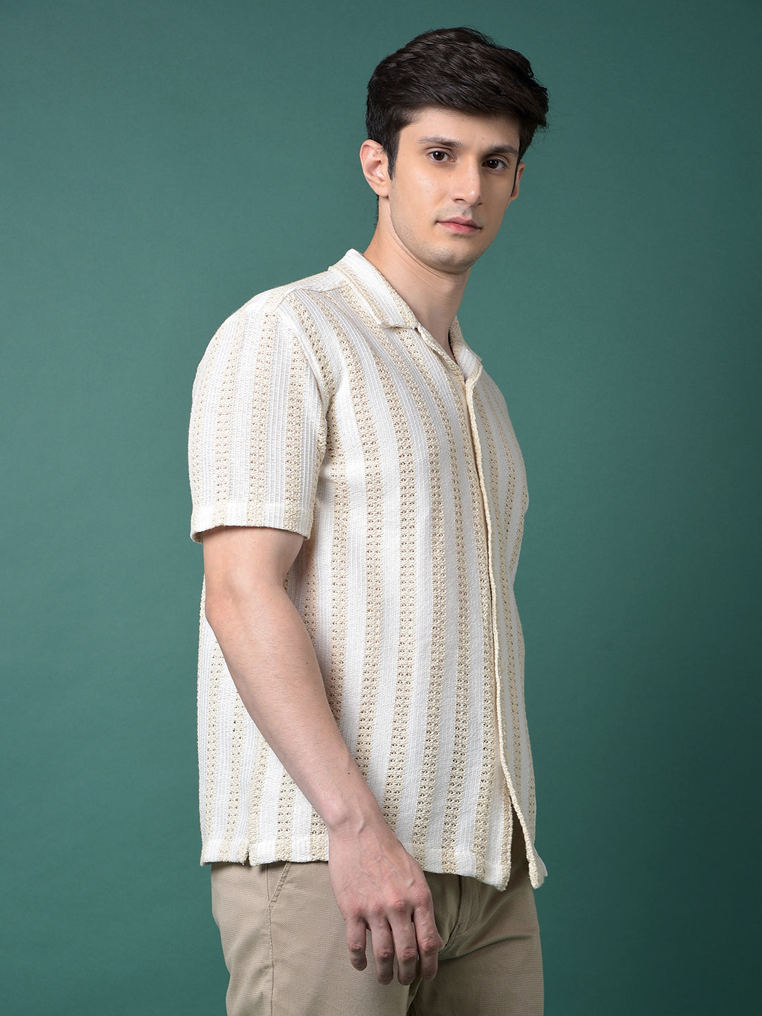 Beige Jacquard Resort Collar Shirt-Men Shirts-Crimsoune Club