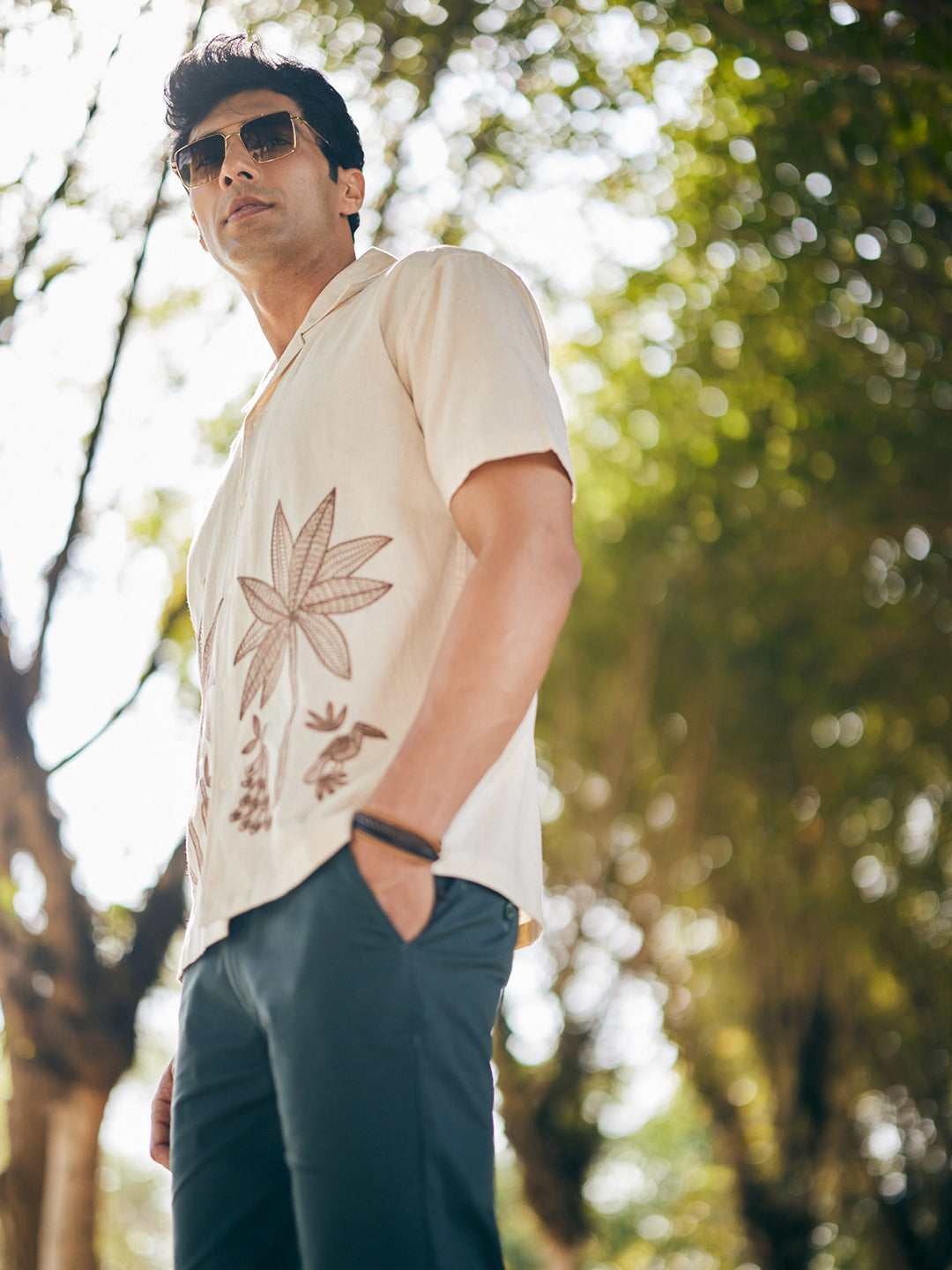 Beige Embroidered Resort Collar Linen Shirt-Men Shirts-Crimsoune Club