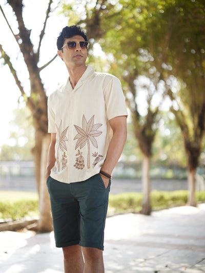 Beige Embroidered Resort Collar Linen Shirt-Men Shirts-Crimsoune Club