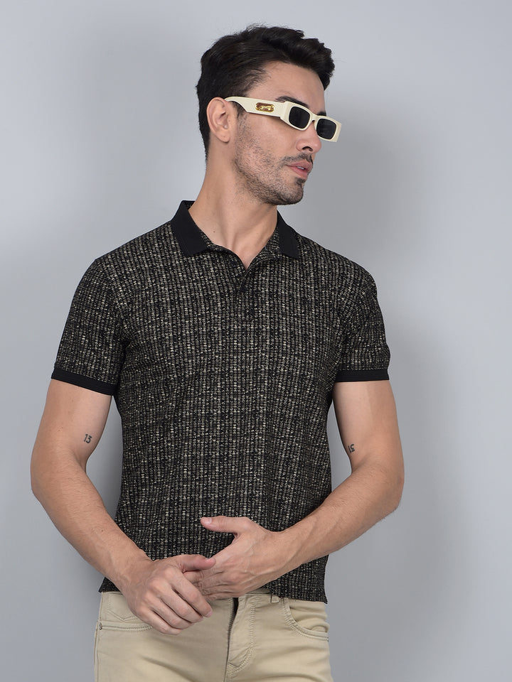 Black Printed 100% Cotton Polo Neck T-Shirt-Men T-Shirts-Crimsoune Club