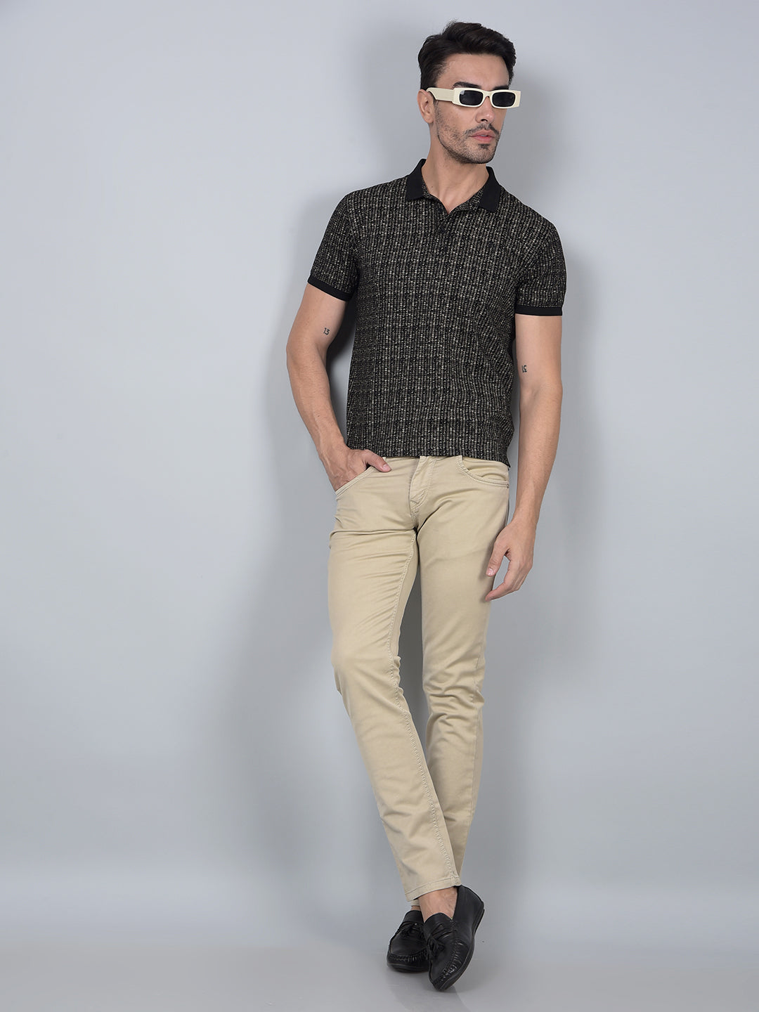 Black Printed 100% Cotton Polo Neck T-Shirt-Men T-Shirts-Crimsoune Club