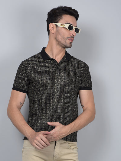 Black Printed 100% Cotton Polo Neck T-Shirt-Men T-Shirts-Crimsoune Club