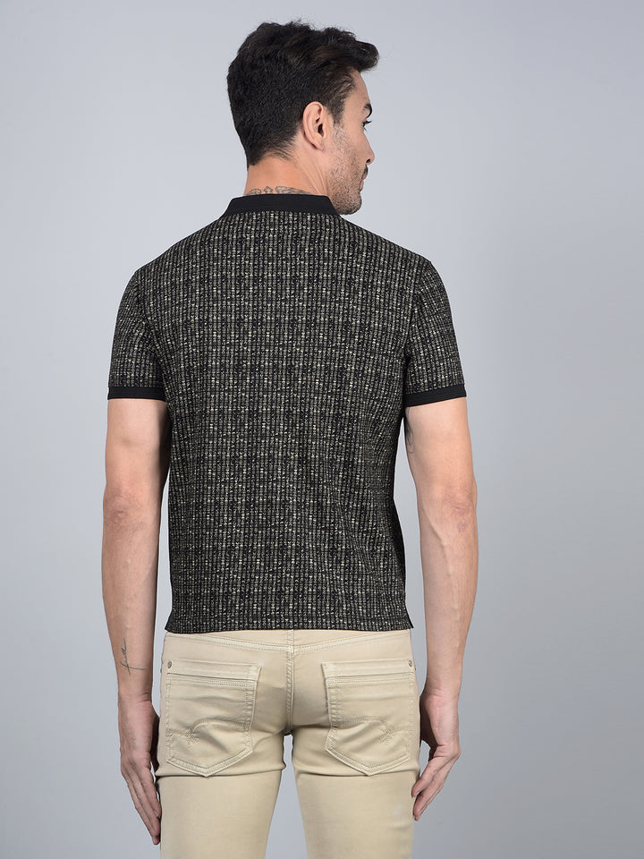 Black Printed 100% Cotton Polo Neck T-Shirt-Men T-Shirts-Crimsoune Club