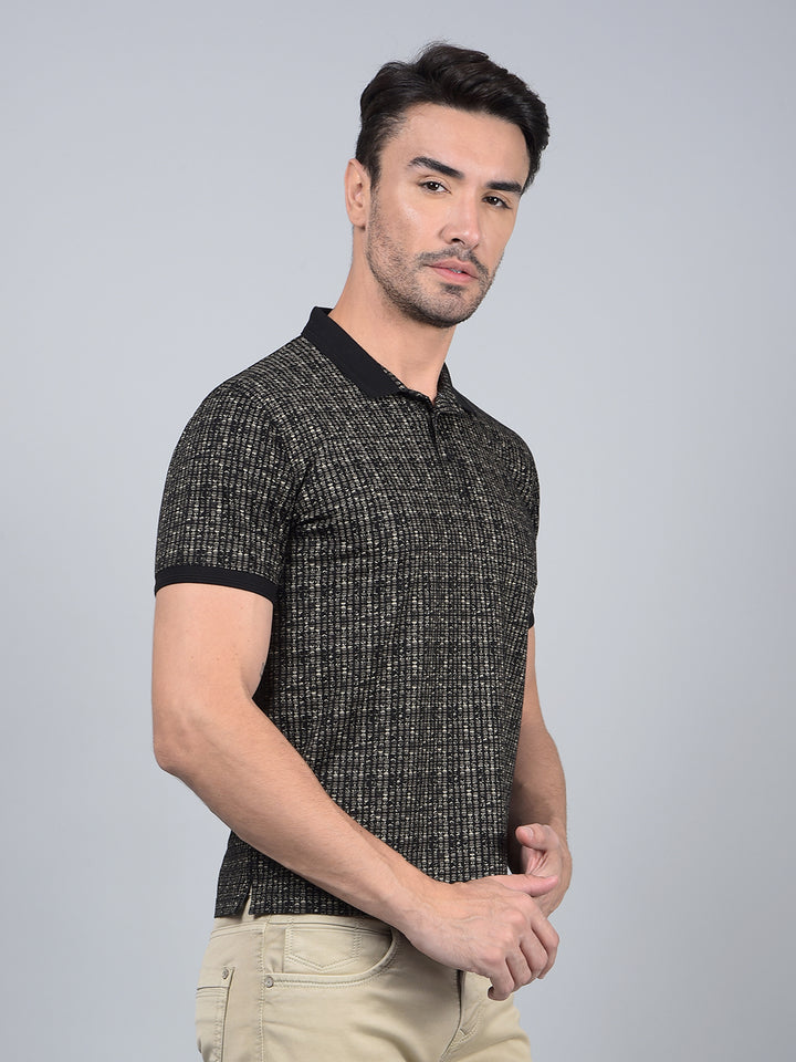 Black Printed 100% Cotton Polo Neck T-Shirt-Men T-Shirts-Crimsoune Club