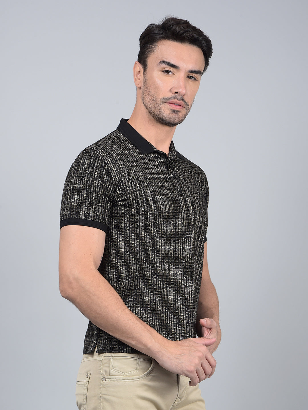 Black Printed 100% Cotton Polo Neck T-Shirt-Men T-Shirts-Crimsoune Club