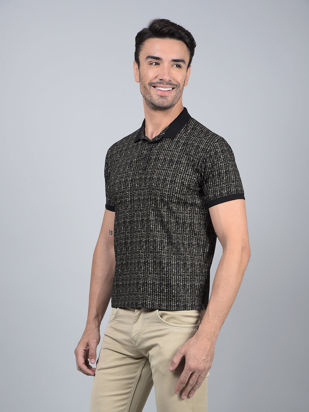 Black Printed 100% Cotton Polo Neck T-Shirt-Men T-Shirts-Crimsoune Club