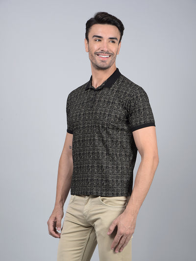Black Printed 100% Cotton Polo Neck T-Shirt-Men T-Shirts-Crimsoune Club