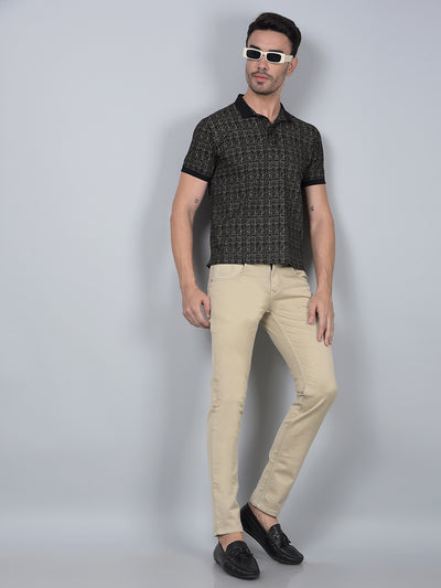 Black Printed 100% Cotton Polo Neck T-Shirt-Men T-Shirts-Crimsoune Club