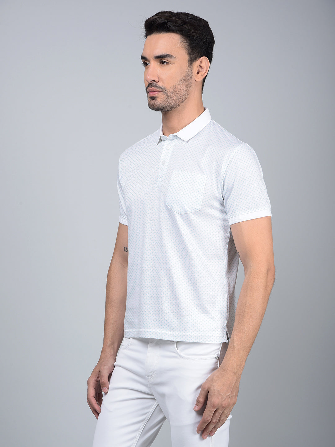 Blue Printed 100% Cotton Polo Neck T-Shirt-Men T-Shirts-Crimsoune Club