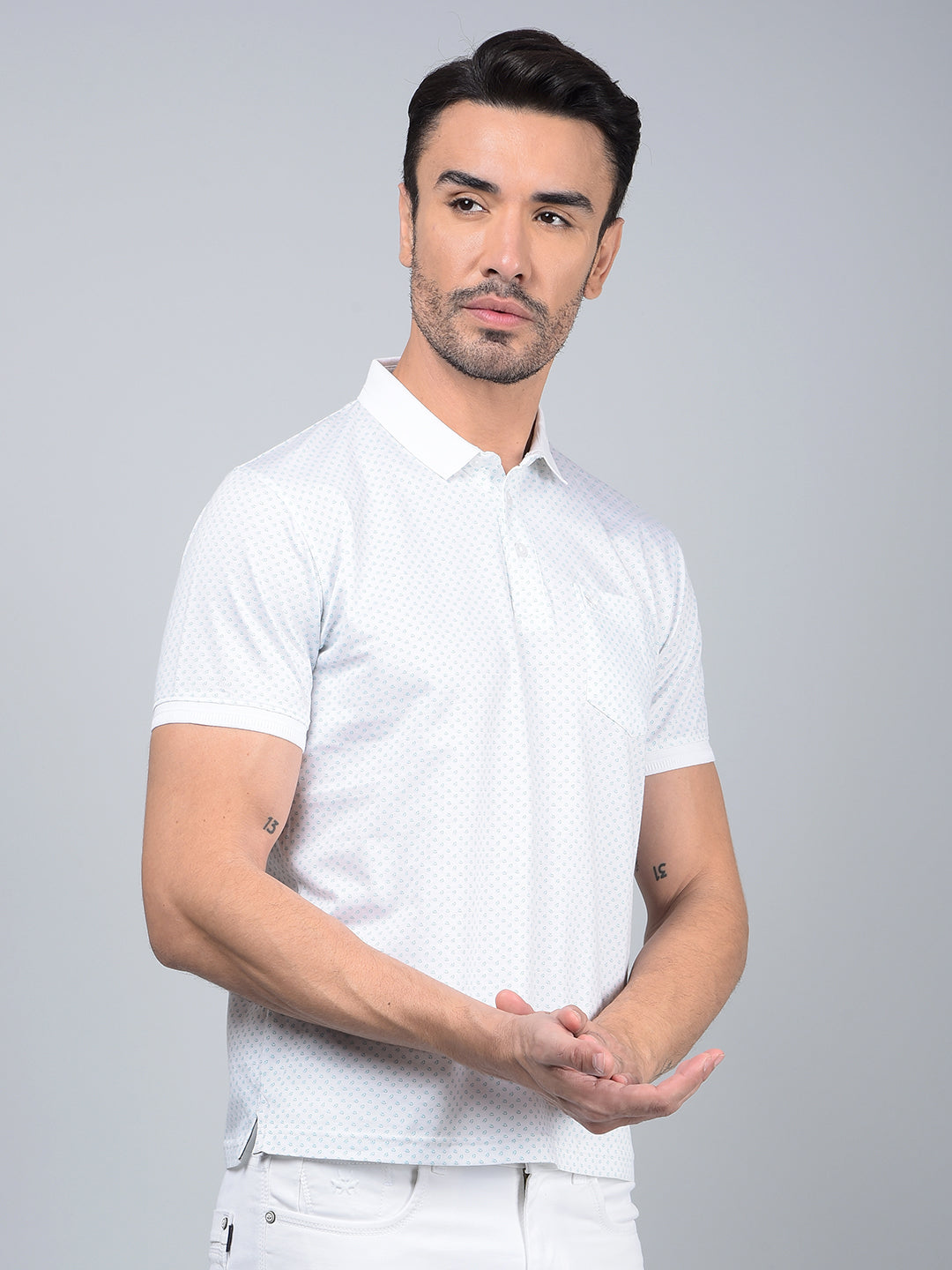 Blue Printed 100% Cotton Polo Neck T-Shirt-Men T-Shirts-Crimsoune Club