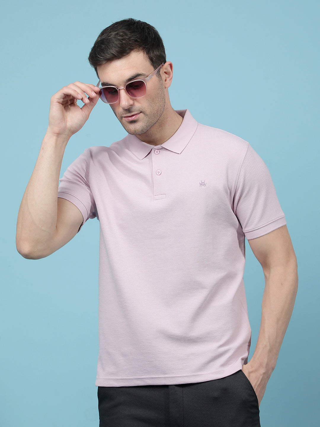 Pink Jacquard Polo-Neck T-Shirt-Men T-Shirts-Crimsoune Club